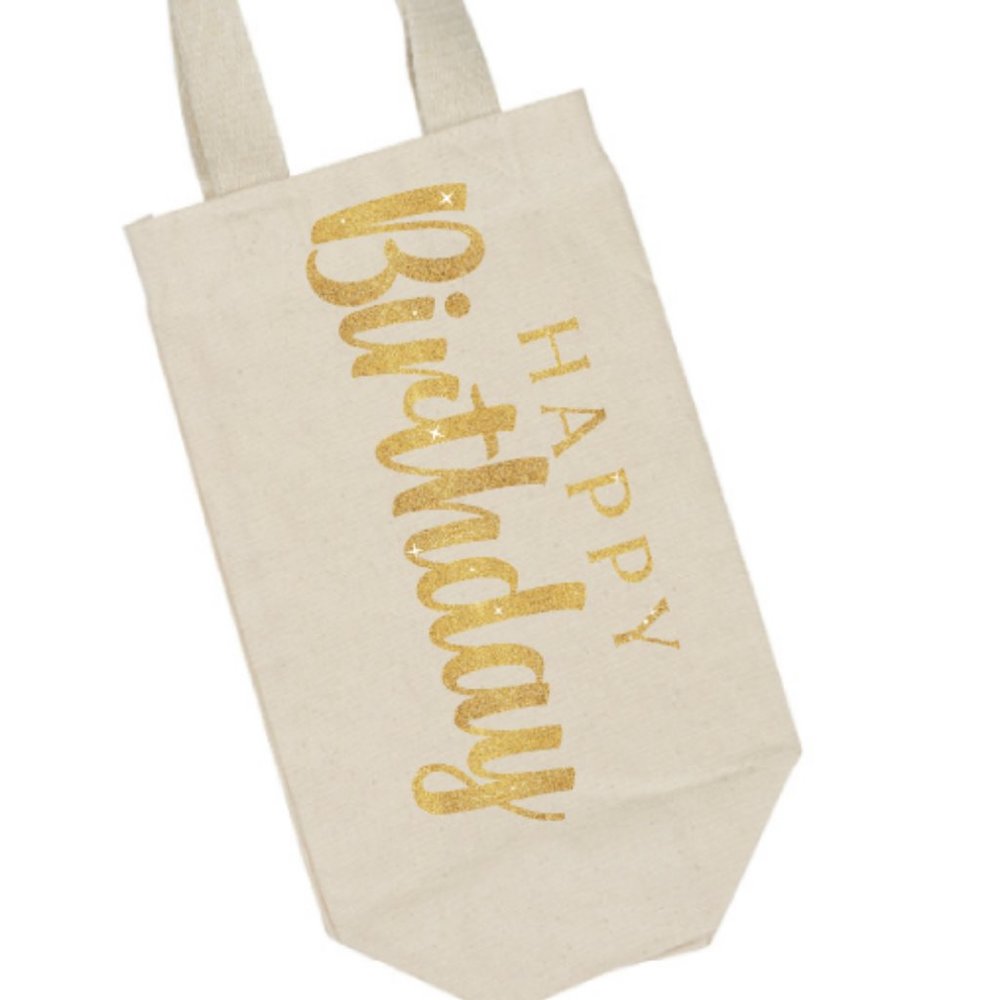Happy Birthday Gold Reusable Cloth Wine Bag